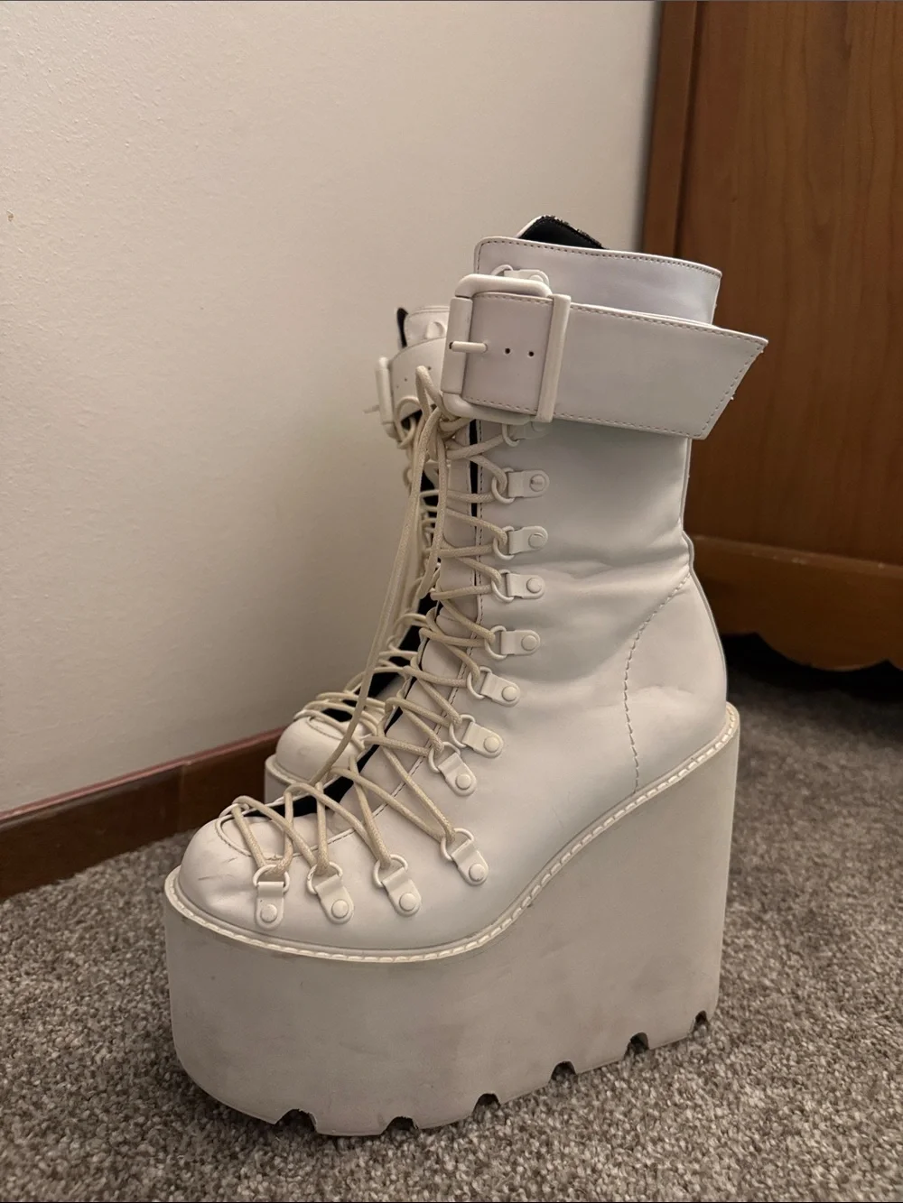 White Platform Lace-Up Ankle Boots with Buckle Strap